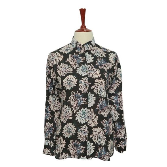 Womens Floral Shirt Black Pink Blue Blouse Button Up Dressy Top Medium Work - Picture 1 of 7
